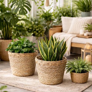 Puede incluir: Escena interior con varias plantas en macetas en cestas tejidas. Las plantas incluyen una sansevieria, helechos y otras hojas verdes. Las cestas son de diferentes tamaños y están colocadas sobre una alfombra de tonos neutros.