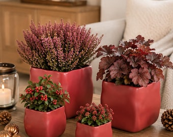 Red ceramic square flower pot, modern planter for houseplants – Christmas cube planter – gift idea – 4 sizes