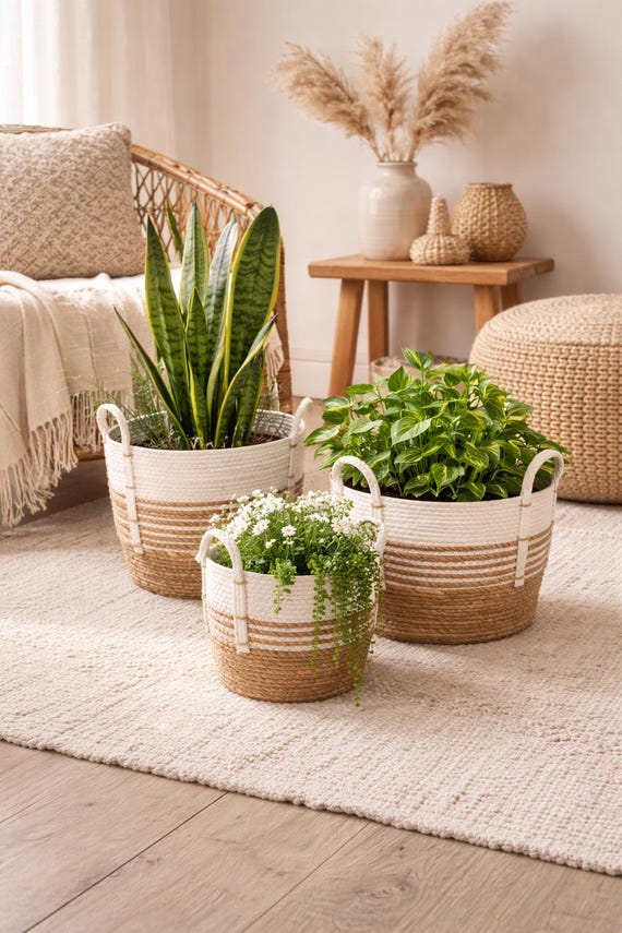 Pflanzkörbe Weiß, Blumentopf Seegras - 3er Set Naturkörbe - Boho Deko - Pflanz und Aufbewahrungskörbe - Geschenkidee Wohnzimmer
