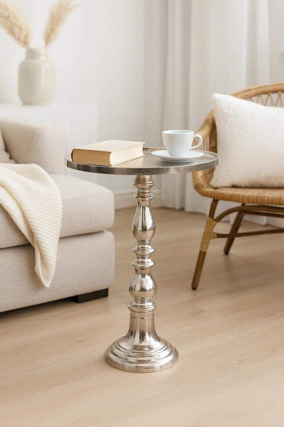 Metall Beistelltisch Silber, Metalltisch - Wohnzimmertisch Aluminium - Deko für Wohnzimmer, Weihnachten - Geschenkidee