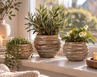 Maceta antigua gris-marrón, jardinera para plantas de interior – maceta de cerámica ondulada – decoración para salón – idea de regalo – 3 tamaños