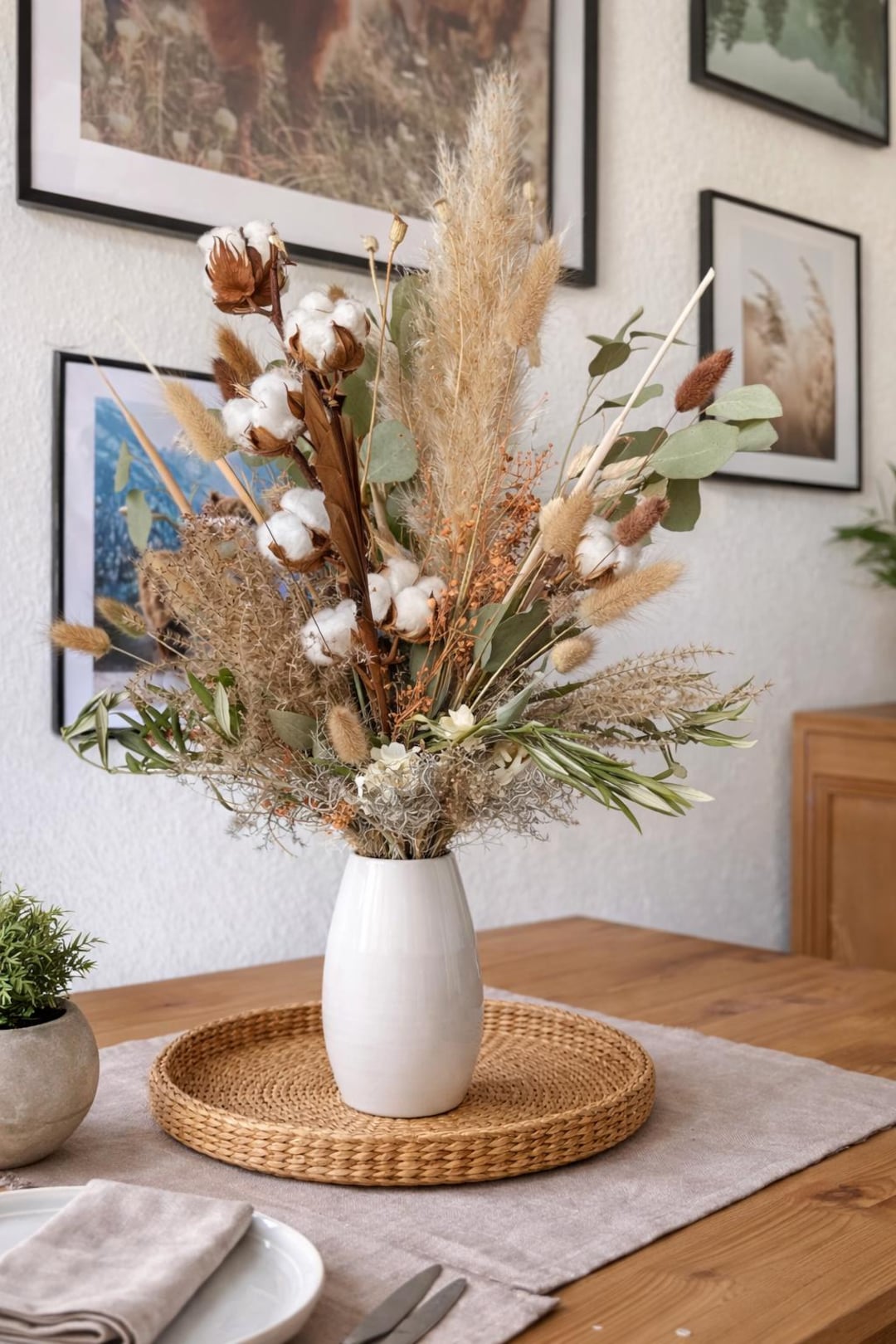 Großer Trockenblumenstrauß Natur mit Baumwolle, Pampasgras Deko Vase, Boho Tischdeko Wohnzimmer, getrocknete Blumen modern, Geschenkidee