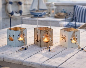 Small nautical-themed lantern, wooden tealight holder, maritime decoration for patio, living room - hanging lantern - seaside table decoration - gift idea for the garden