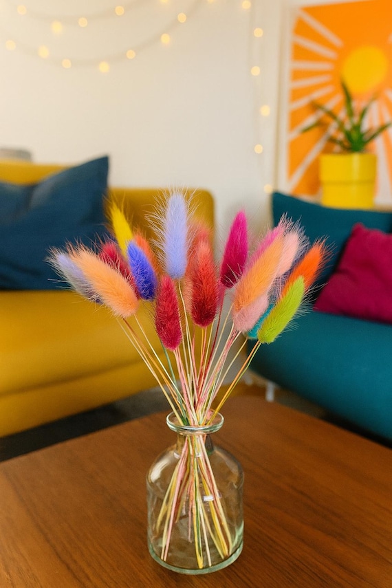 Bunte Trockenblumen mit Vase - Lagurus - bunny tails - Tischdeko Trockenblumen - Regenbogen Gräser - Geschenkidee Freundin