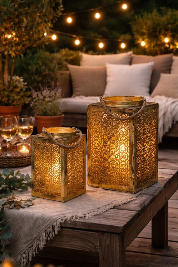 Gartenlaterne Holz orientalisch, Laterne Holz Windlicht, Outdoor Deko Garten Terrasse, Boho Laterne, Holzlaterne 2 Größen
