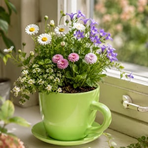 Può includere: Una vivace tazza verde con fiori, piena di una varietà di fiori colorati, tra cui margherite, fiori rosa a pompon e campanule viola. La tazza è appoggiata su un piattino abbinato.