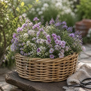 May include: A round wicker basket filled with purple and white flowers sits on a rustic wooden bench. The basket's natural colour complements the vibrant blooms. A pair of scissors rests on a linen cloth. The scene evokes a sense of natural beauty.