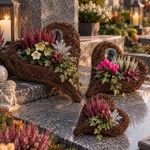 Pode incluir: Três coroas em forma de coração feitas de ramos entrelaçados com arranjos florais. A maior apresenta urze roxa, heléboros brancos e hera. O coração médio contém ciclames cor-de-rosa e urze branca. O menor contém urze roxa e hera.