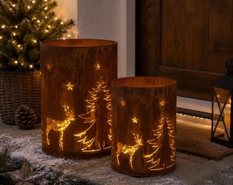Rusty metal lantern, forest design, garden decoration, Christmas fire pit with deer and fir trees, weatherproof, autumn decoration, 2 sizes available