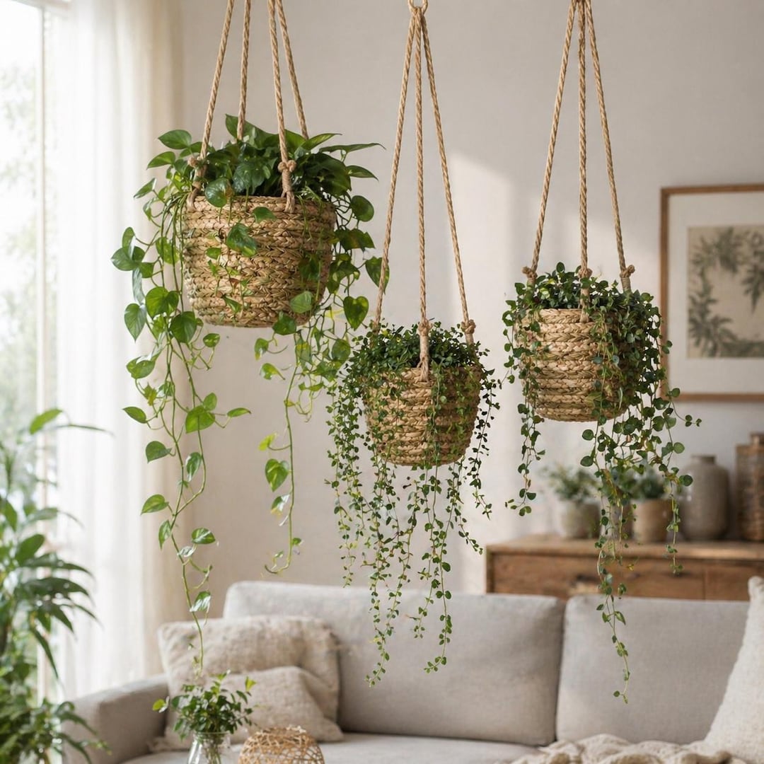 Hanging basket set of 3, hanging plant basket, boho flower pot, natural basket with jute rope, balcony decoration, plant hanger - gift idea
