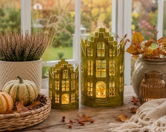 Windlicht Haus aus Metall grün lackier, Laternen Haus - 2 Größen oder Set – Wetterfest Herbstdeko Weihnachtsdeko Garten - Geschenkidee