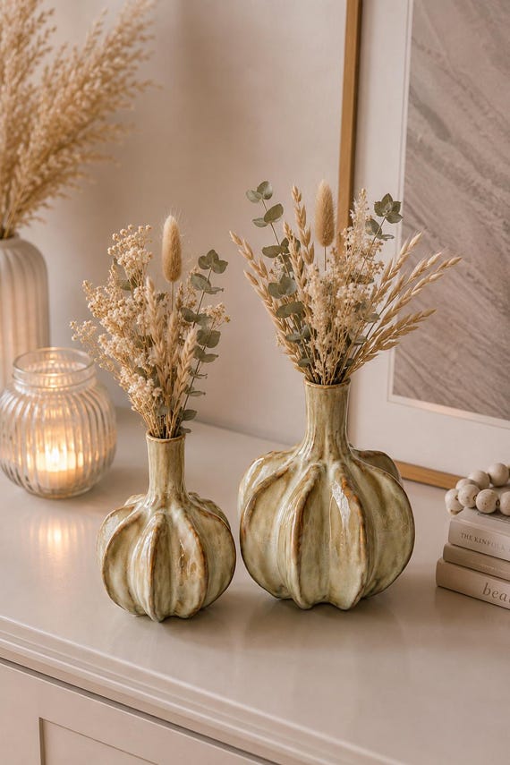 Vase Creme Beige, Blumenvase für Trockenblumen, Deko Vase, Boho Vase, Moderne Wohnzimmer Deko, Tischvase - Geschenkidee - 2 Größen