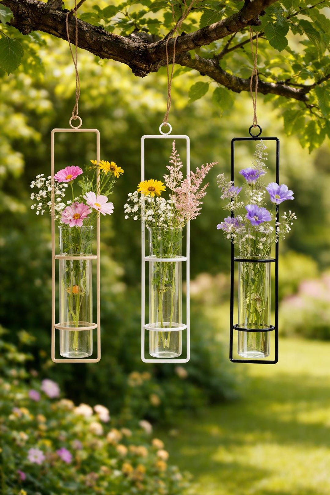 Hanging Glass Vase With Metal Frame, Wall Vase for Flowers, Patio