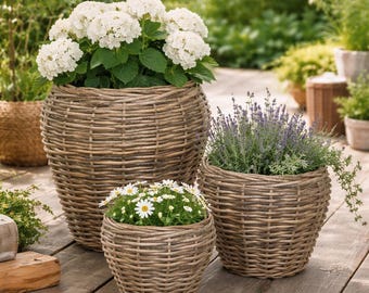 Cesto portafiori rotondo in rattan, vaso per fiori in 3 misure o set, fioriera boho naturale, fioriera con rivestimento in lamina, cesto decorativo per la casa - idea regalo per la casa