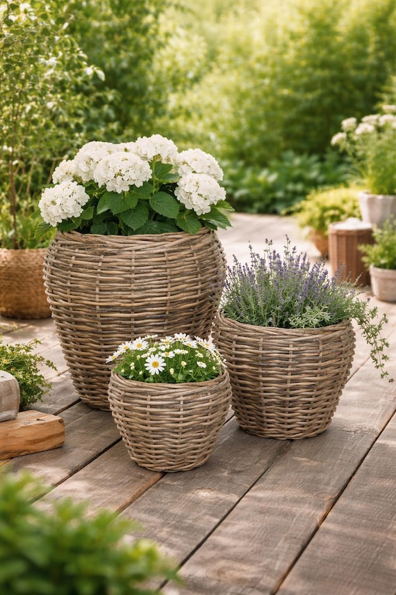 Pflanzkorb Rattan rund, Blumentopf 3 Größen oder Set, Übertopf natur Boho, Pflanzgefäß mit Folie, Wohnzimmer Deko - Geschenkidee