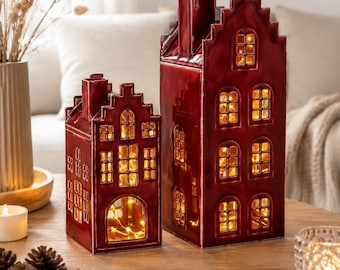 Windlicht Haus Metall rot, Laternen Haus 2 Größen oder Set – Herbstdeko,  Kerzenhalter, Tischdeko, Fensterbank Deko - Geschenkidee