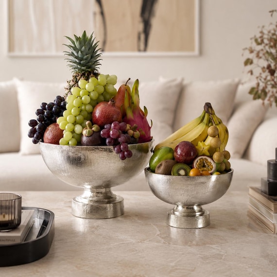 Metall Schale Silber, Obstschale aus Aluguss - Deko Schale rund, modern, Tischdeko Wohnzimmer, Hochzeit Deko, 2 Größen - Geschenkidee