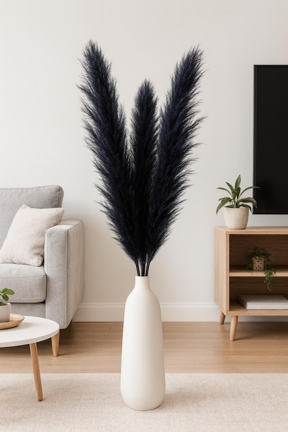 Pampasgras schwarz groß 100 cm, 3er Set getrocknet flauschig, Boho Deko Wohnzimmer, Vase Deko modern, Trockenblumen schwarz