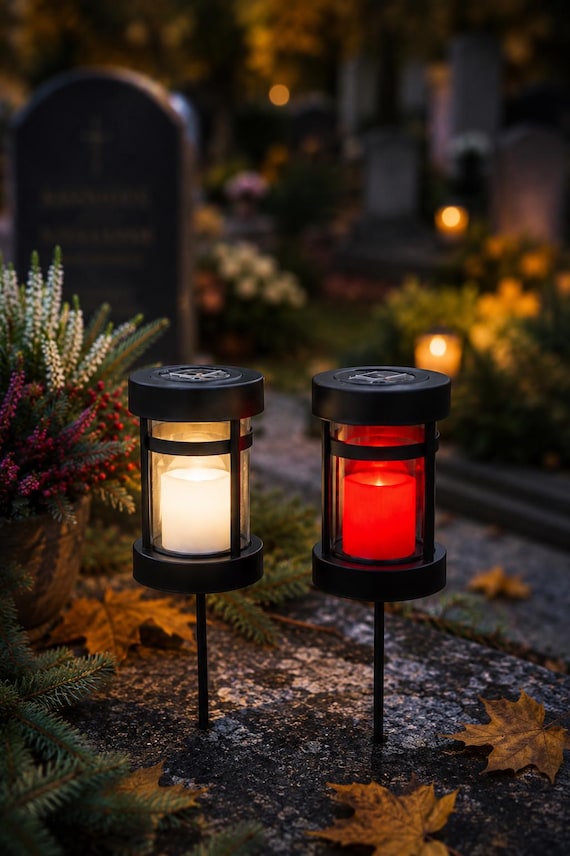 LED Grave Lantern, Solar Lantern, LED Grave Light With Dusk Sensor - Cemetery Lantern With Ground Spike, Red or White - Gift Idea for Mourning