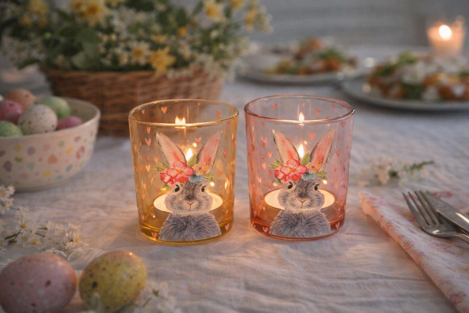 Easter Tealight Holder With Bunny, Easter Table Decoration, Glass