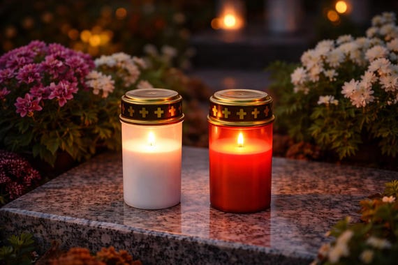 LED Grablicht, Grabkerze Flammeneffekt weiß oder rot - elektrische Grabkerze wetterfest - Friedhof Deko Kerze