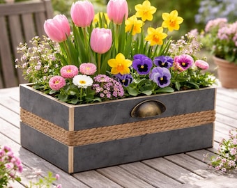Wooden planter box with jute cord, planting box with handles, square flower pot, planter for garden, balcony, windowsill, 2 sizes