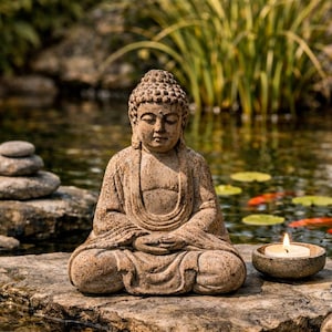 Könnte beinhalten: Eine ruhige Außenszene zeigt eine Buddha-Statue aus Stein in meditativer Pose, sitzend auf einem Felsen. Eine brennende Kerze steht in einer kleinen Schale daneben. Der Hintergrund zeigt einen Teich mit Seerosen und Koi-Fischen.