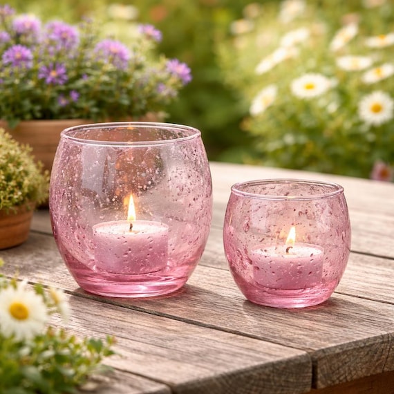 Teelichtglas rosa Vintage, Windlicht Glas rosa, Glas Teelichthalter, kleine Vase rosa Glas, Tischdeko Hochzeit, romantische Deko