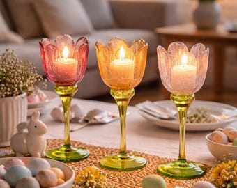 Portavelas de tulipán, farol de cristal para primavera, decoración de mesa de Pascua, farol de cristal con diseño floral, decoración primaveral moderna - regalo de Pascua