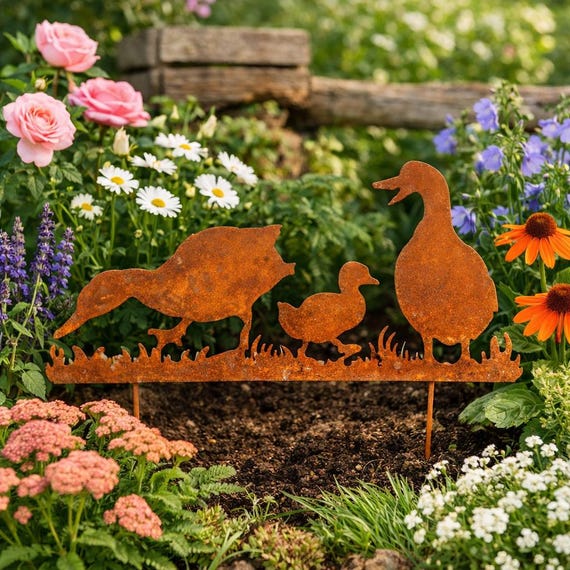 Gartenstecker Ente, Rost-Stecker Entenfamilie – Metallstecker Garten - Gartenfigur -Blumenbeet Deko - Vintage-Stil - Geschenkidee Garten