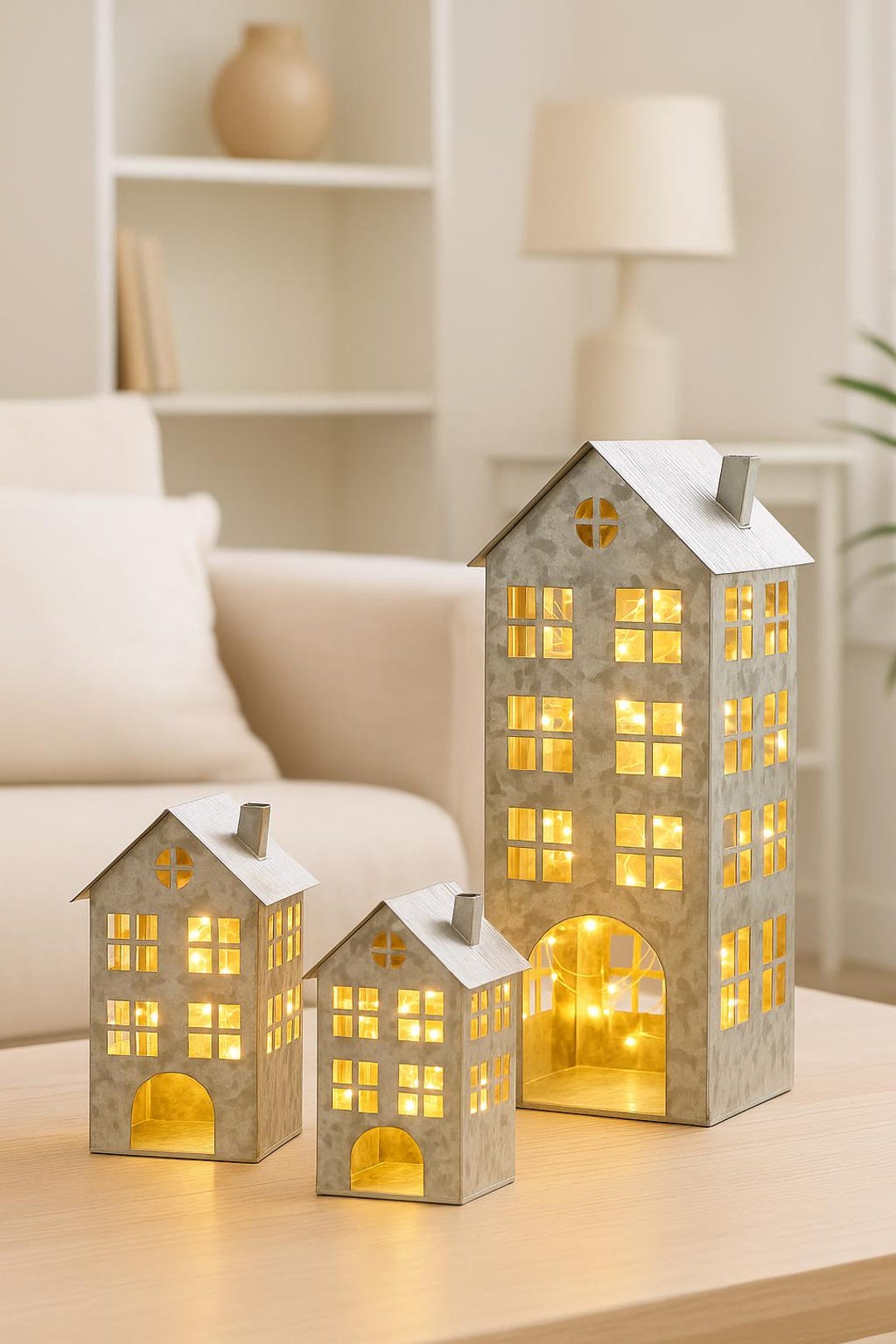 Metall Windlicht Haus, Silber, Weihnachtsdeko, Tischdeko, Metallhaus für Lichterkette oder Kerze - Geschenkidee - 3 Größen zur Auswahl