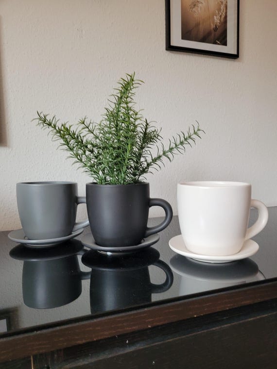 Pflanztasse Keramik mit Untersetzer, Blumentopf Tasse – Pflanzgefäß für Zimmerpflanzen – moderne Wohndeko – Geschenkidee
