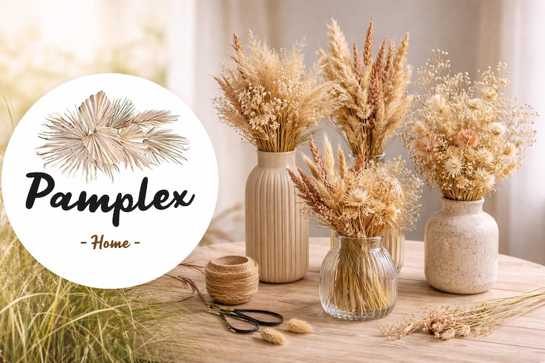 May include: A still life arrangement featuring dried floral bouquets in various vases. The vases are beige and clear glass, and the flowers are in shades of beige and brown. The image includes the text "Pamplex - Home".