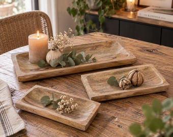 Ciotola in legno, ciotola decorativa in legno, vassoio in legno per candele, decorazione per il tavolo del soggiorno, vassoio decorativo in legno di mango – idea regalo – 3 misure o set