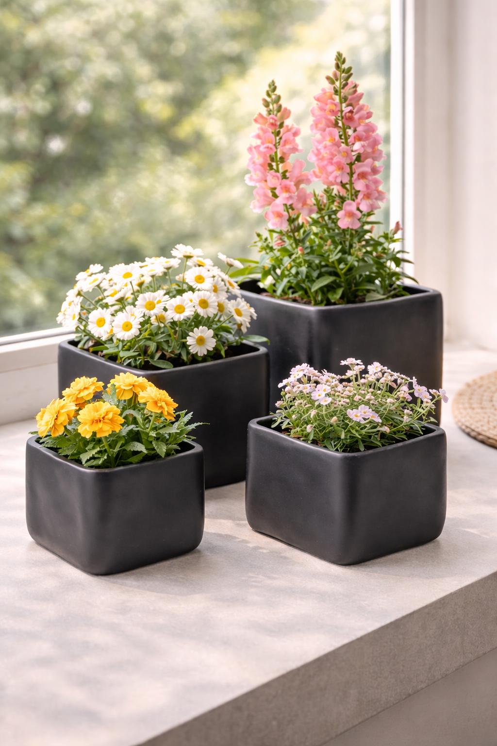 Moderner Blumentopf Quadratisch schwarz matt, Keramik Übertopf, Pflanztopf 4 Größen, Wohnzimmer Deko - Geschenkidee - 4 Größen