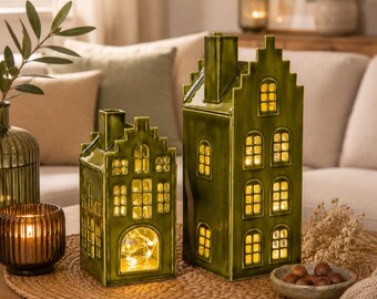 Windlicht Haus Metall grün, Laterne Haus 2 Größen oder Set – Herbstdeko,  Kerzenhalter, Tischdeko, Fensterbank Deko - Geschenkidee