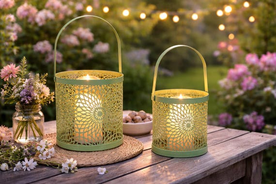 Garten Windlicht grüne, Metall Laterne mit Henkel, Gartenlaterne, Kerzenhalter mit Glas - Terrassen Deko - Geschenkidee Garten - 2 Größen