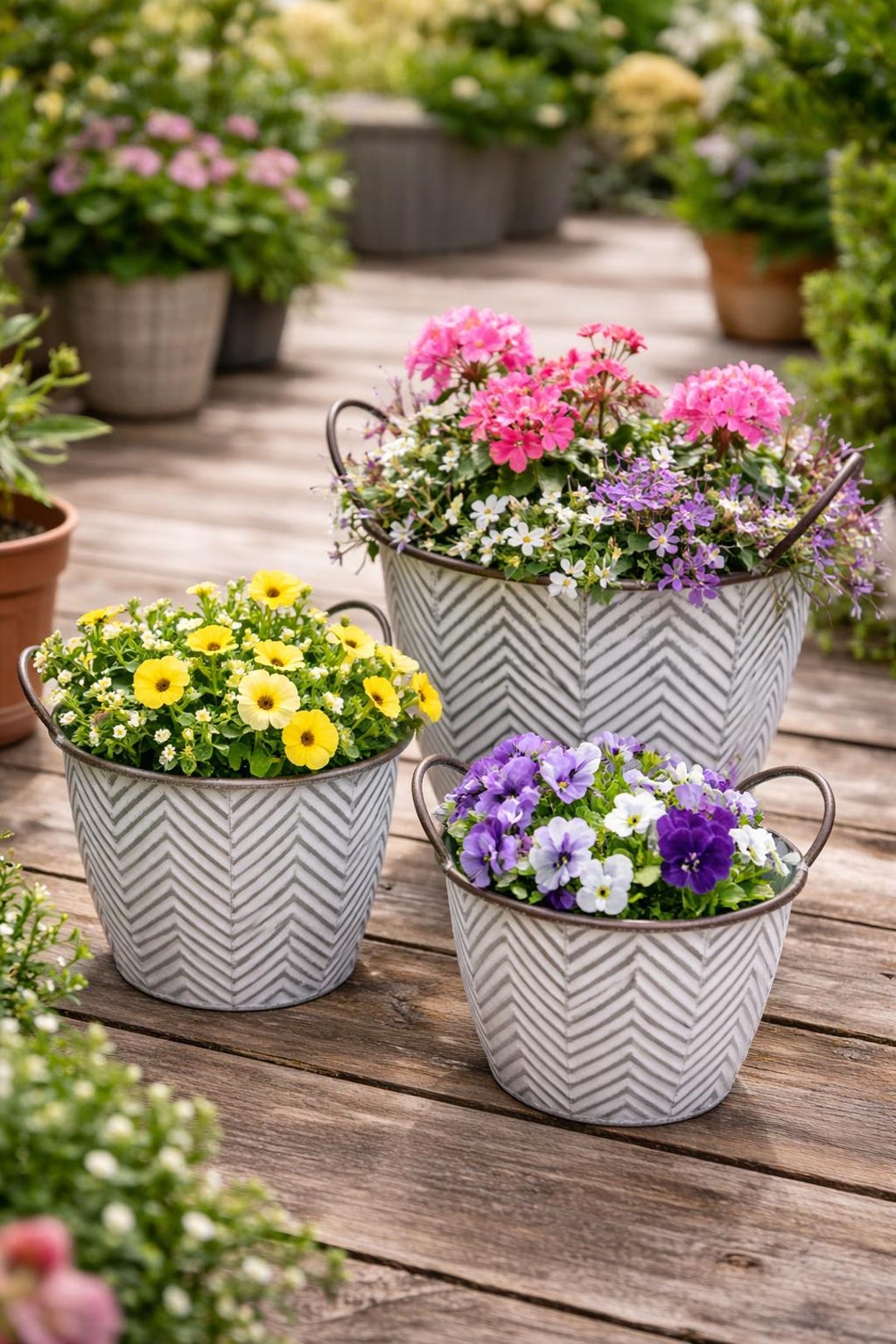 Rustic Zinc Bowl, Metal Flowerpot - Herringbone Pattern Planter