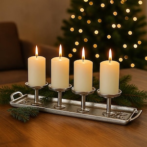 Advent candle holder metal for 4 pillar candles - Advent wreath tray silver - candle tray Christmas - modern Christmas decoration