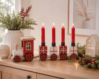 Kerzenhalter Weihnachtszug aus Holz, Adventskerzenhalter 4 Kerzen, Weihnachtsdeko, Zug mit Lokomotive, Tischdeko Advent, Holzzug