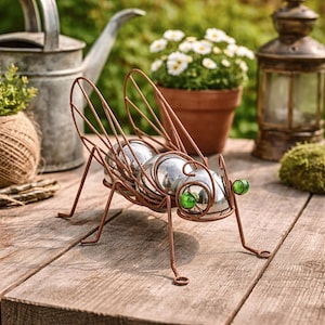 Könnte beinhalten: Eine dekorative Metall-Insektenskulptur mit rostbraunem Finish. Die Skulptur hat Glaskugeln für den Körper und grüne Glasperlen für die Augen. Das Insekt steht auf einer Holzoberfläche, mit einer Gießkanne und Topfpflanzen im Hintergrund.