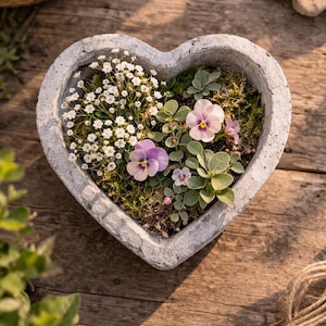 May include: A heart-shaped concrete planter filled with soil, green moss, small white baby's breath flowers, and light purple pansies with dark centers. The planter has a rough, textured gray surface and is positioned from a top-down view.