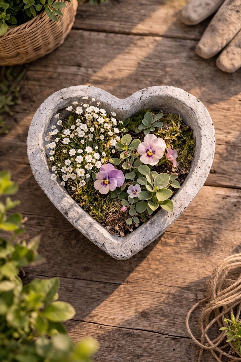 May include: A heart-shaped concrete planter filled with soil, green moss, small white baby's breath flowers, and light purple pansies with dark centers. The planter has a rough, textured gray surface and is positioned from a top-down view.