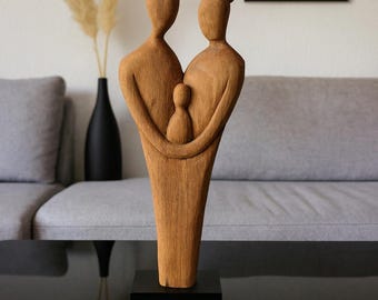 Wooden sculpture family, abstract art, decorative figure love & security, gift idea family, boho home accessory