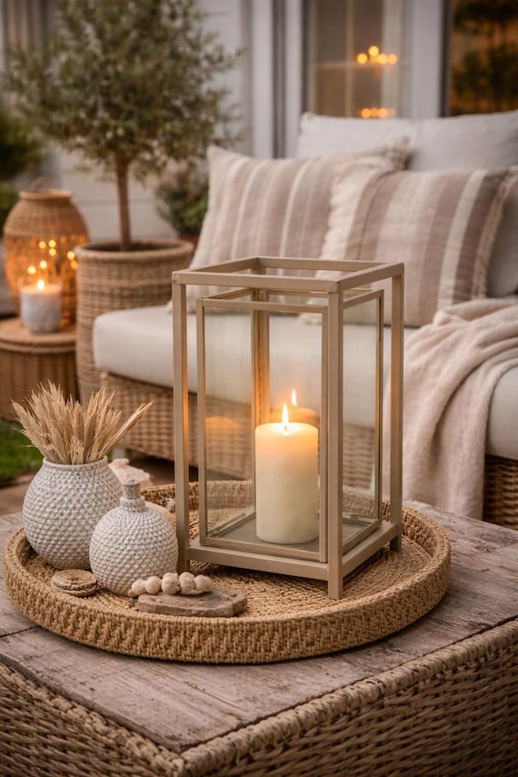 Laterne beige modern, Windlicht Glas Metall 41 cm, Kerzenhalter - Wohnzimmer Deko, Boho - Laterne Terrasse, Geschenkidee