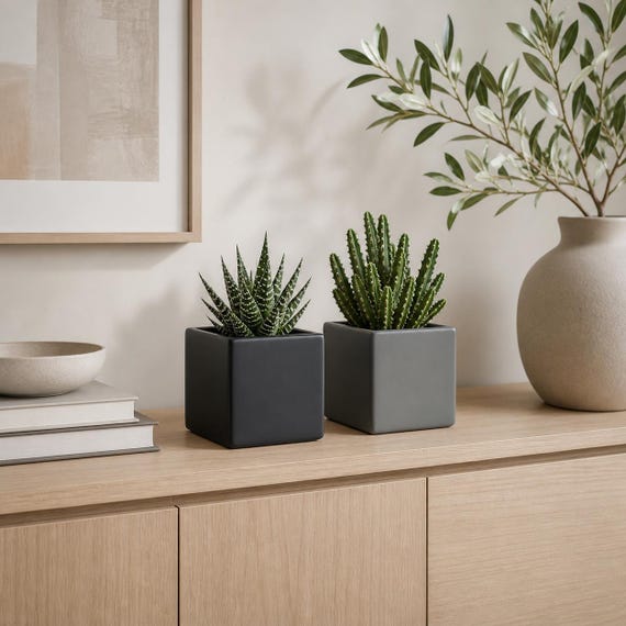 Blumentopf Würfel, Keramik Übertopf modern, Pflanztopf Würfelform, Topf schwarz grau, Deko Topf Set - Geschenkidee Wohnzimmer