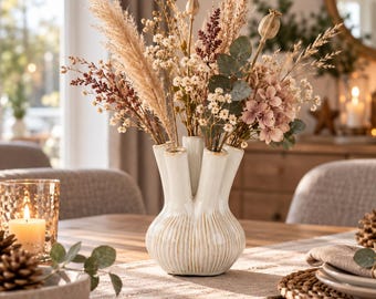 Vaso in ceramica bianca con fori – Vaso moderno per fiori secchi e freschi – Vaso per fiori per la decorazione della tavola – Vaso decorativo per il soggiorno – Idea regalo