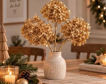 Ortensia artificiale dorata, 3 steli, decorazione natalizia dorata, decorazione per la tavola di Natale, decorazione per matrimoni, fiori artificiali - Idea regalo