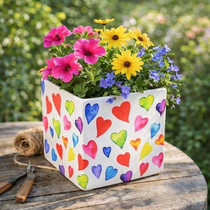 Könnte beinhalten: Ein quadratischer weißer Keramiktopf gefüllt mit leuchtenden Blumen. Der Topf ist mit bunten Aquarellherzen verziert. Die Blumen umfassen rosa Petunien, gelbe Gänseblümchen und blaue Lobelien, was eine fröhliche Gartenszene schafft.