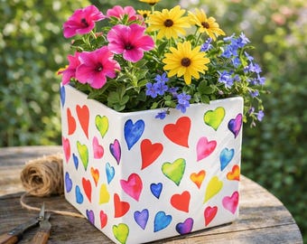 Maceta con corazones de colores, maceta de cerámica para plantar - maceta cuadrada - idea de regalo para el Día de la Madre